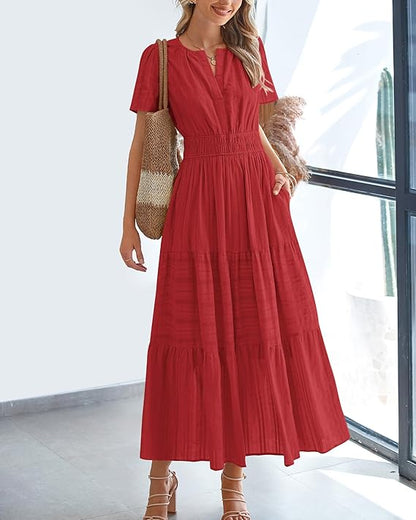 💃V Neck Elastic Waist Boho Beach Dress Pockets
