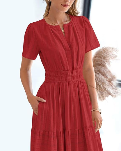 💃V Neck Elastic Waist Boho Beach Dress Pockets