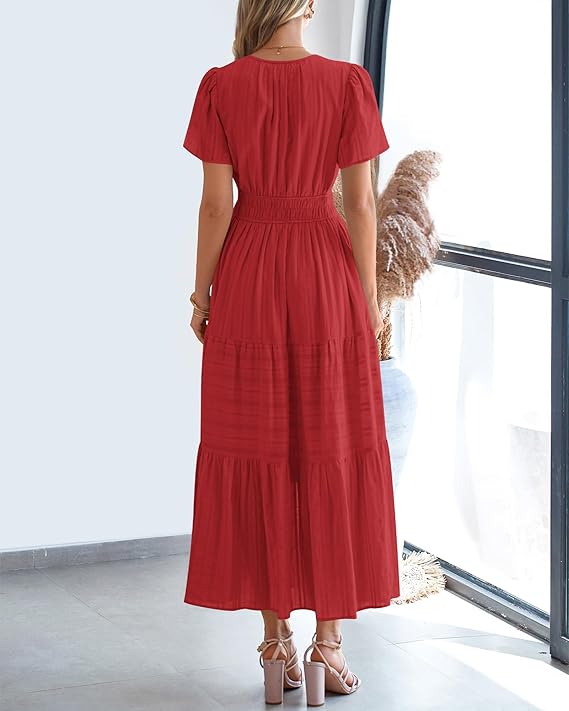 💃V Neck Elastic Waist Boho Beach Dress Pockets