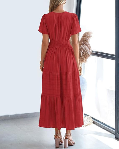 💃V Neck Elastic Waist Boho Beach Dress Pockets
