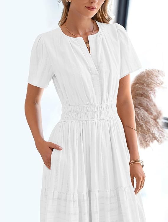 💃V Neck Elastic Waist Boho Beach Dress Pockets