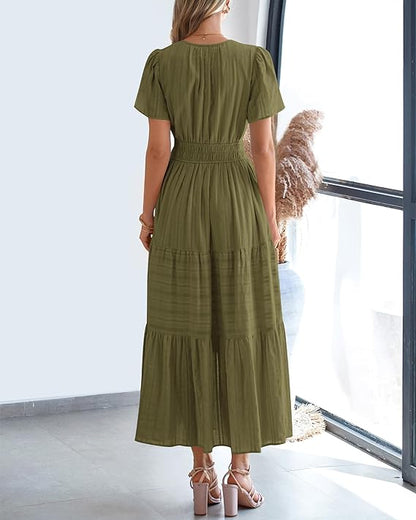 💃V Neck Elastic Waist Boho Beach Dress Pockets