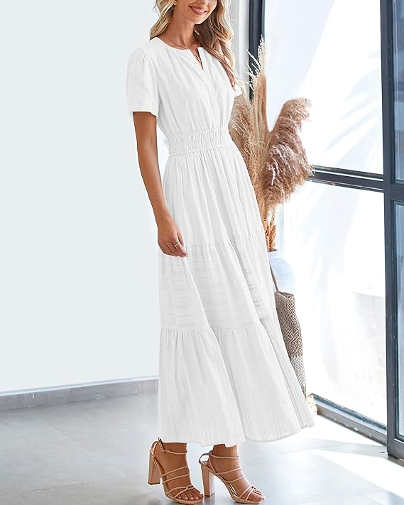 💃V Neck Elastic Waist Boho Beach Dress Pockets