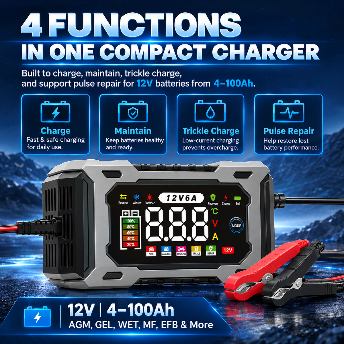 12V 6A Smart Battery Charger Maintainer|Fully Automatic Trickle Charger