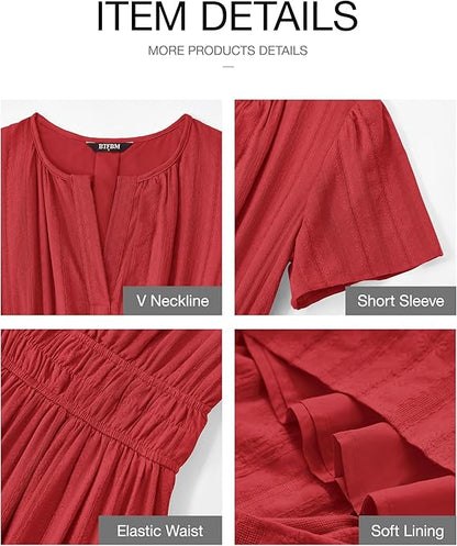 💃V Neck Elastic Waist Boho Beach Dress Pockets