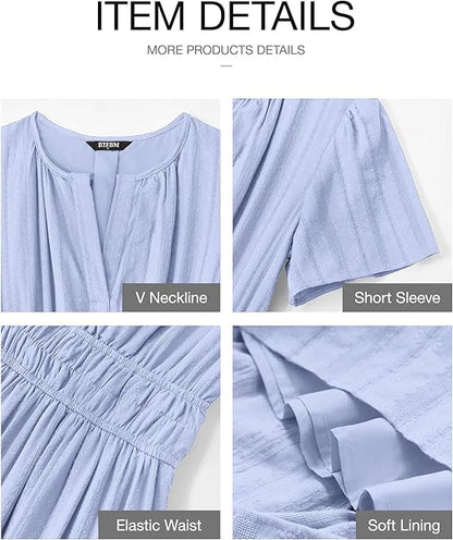 💃V Neck Elastic Waist Boho Beach Dress Pockets