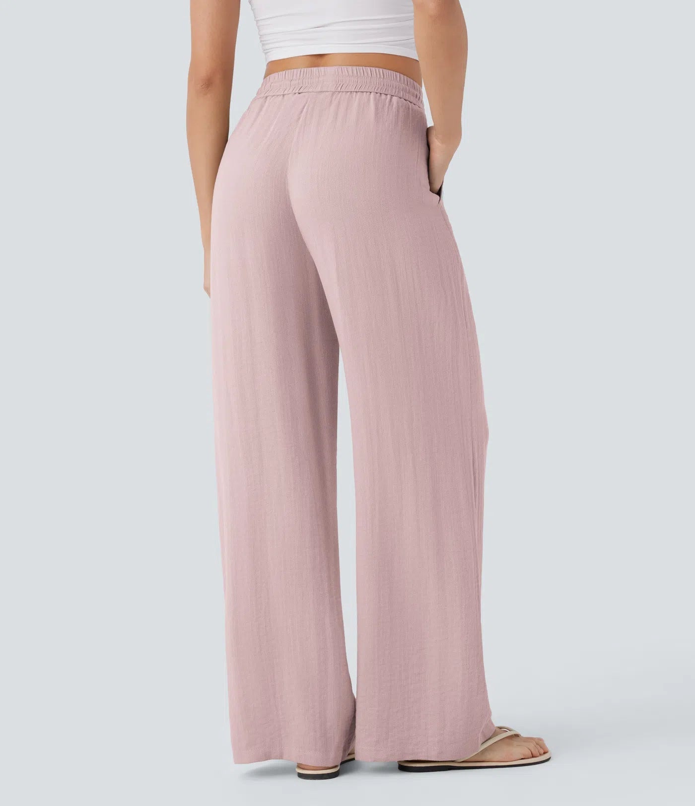 High Waisted Wide Leg Linen-Feel Drawstring Pants with Pockets