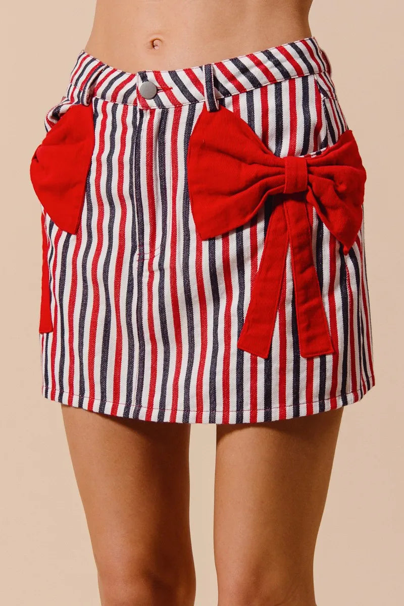 Contrast Bow Knot Pocket Denim Skirt