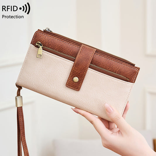 Women’s RFID Blocking Long Trifold Leather Wallet with Wristlet