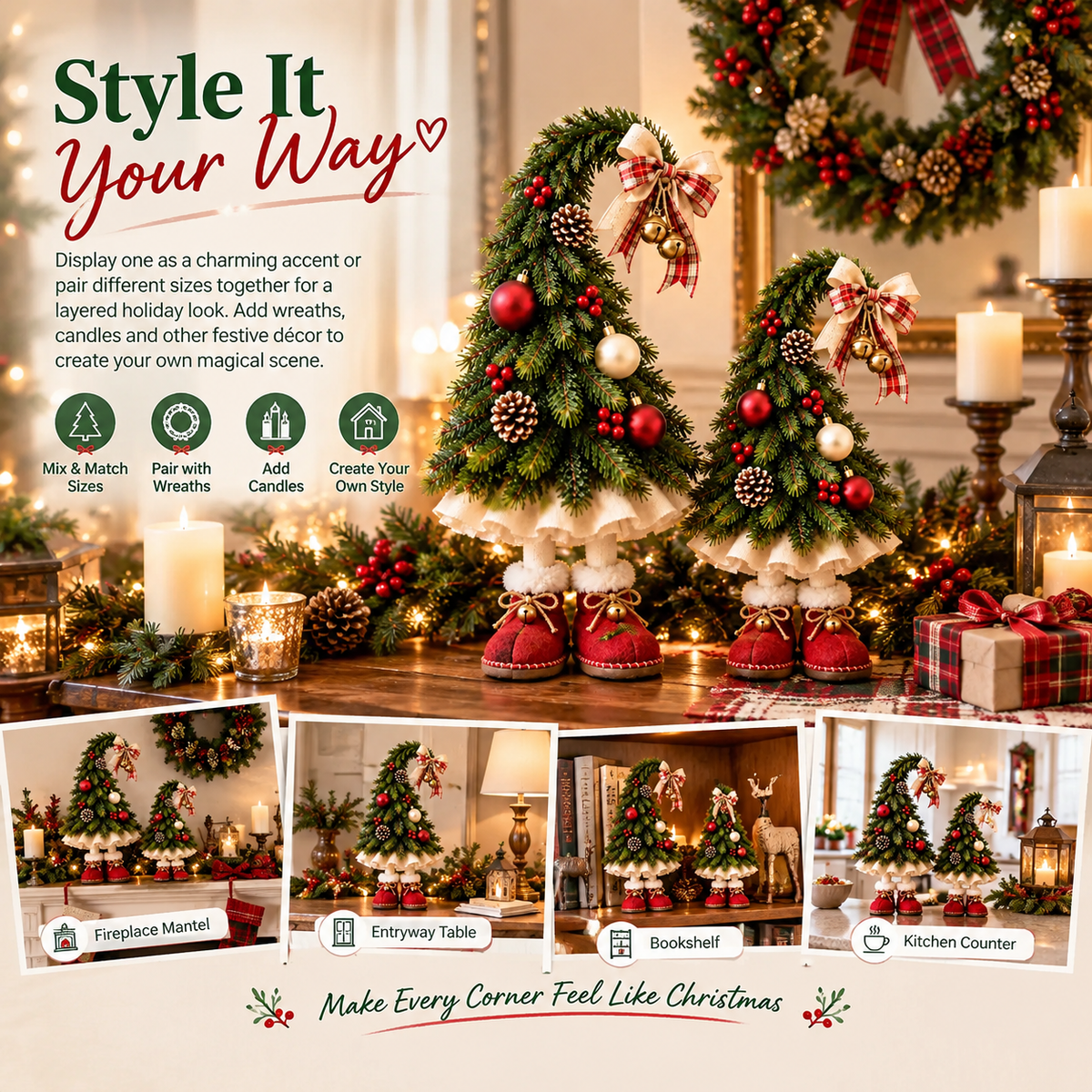 Whimsical Christmas Elf Tree Decor – Festive Holiday Tabletop Trees