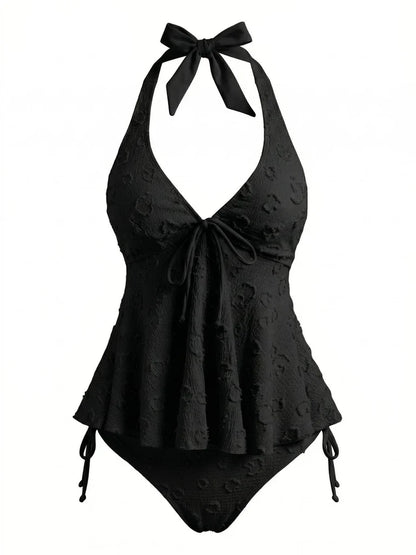 Textured Floral Halter Deep V Tankini Set