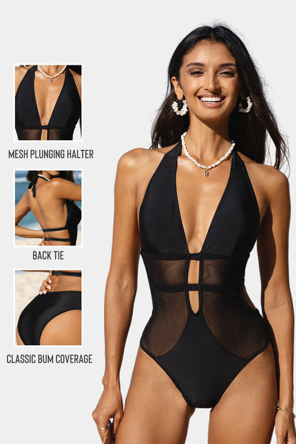 Mesh Plunging Halter One Piece Swimsuit