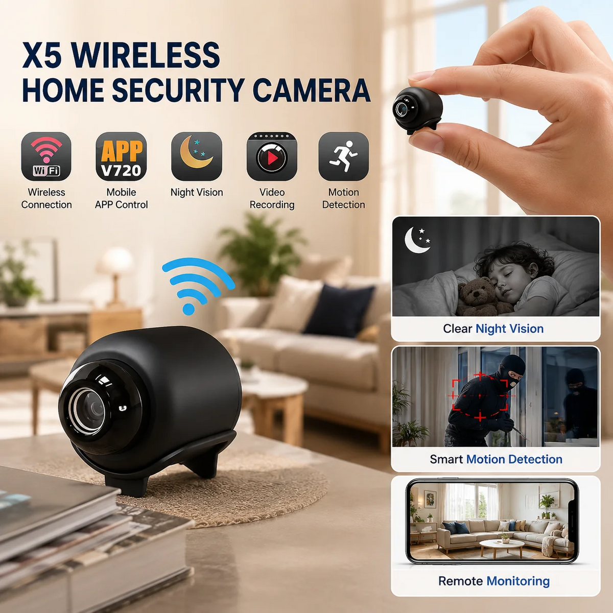 X5 Wireless Home Security Camera - 1080P HD Wi-Fi Dual-Use Monitor