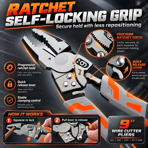 9-Inch Self-Locking Ratchet Pliers – Heavy-Duty Wire Cutters