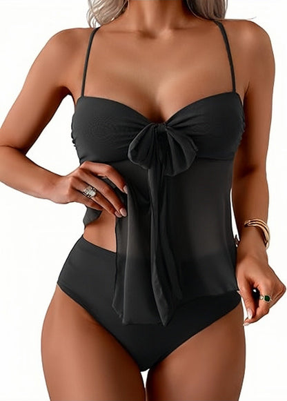 Women's Tummy Control Tankini Swimsuit Flowy Mesh Top High Waisted Bikini Set