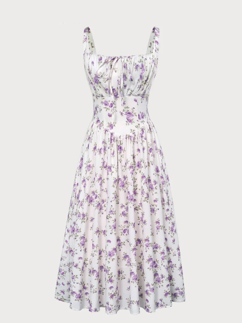 Women’s Floral Midi Corset Sundress – Summer Spring Vacation Milkmaid Style