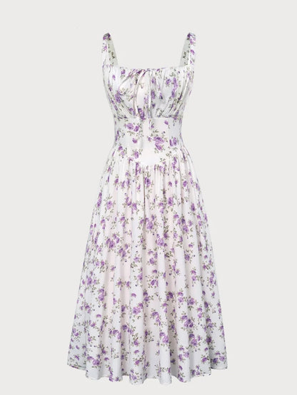 Women’s Floral Midi Corset Sundress – Summer Spring Vacation Milkmaid Style