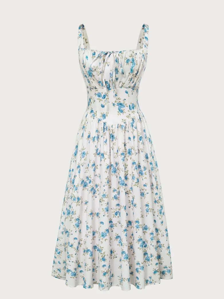Women’s Floral Midi Corset Sundress – Summer Spring Vacation Milkmaid Style