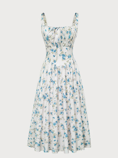 Women’s Floral Midi Corset Sundress – Summer Spring Vacation Milkmaid Style