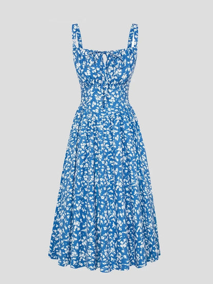 Women’s Floral Midi Corset Sundress – Summer Spring Vacation Milkmaid Style