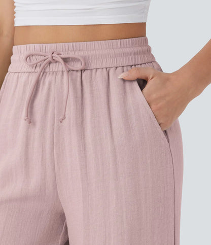 High Waisted Wide Leg Linen-Feel Drawstring Pants with Pockets