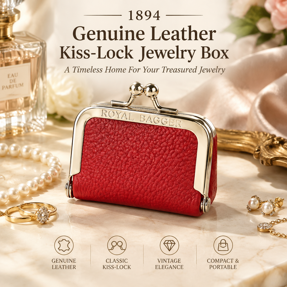 1894 Genuine Leather Kiss-Lock Jewelry Box