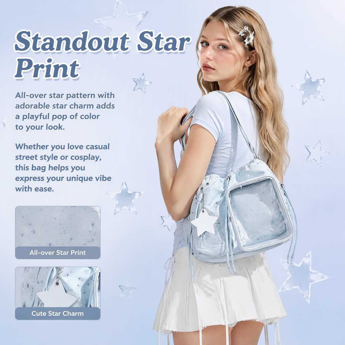 Star Print Ita Crossbody Bag with Clear Display Window