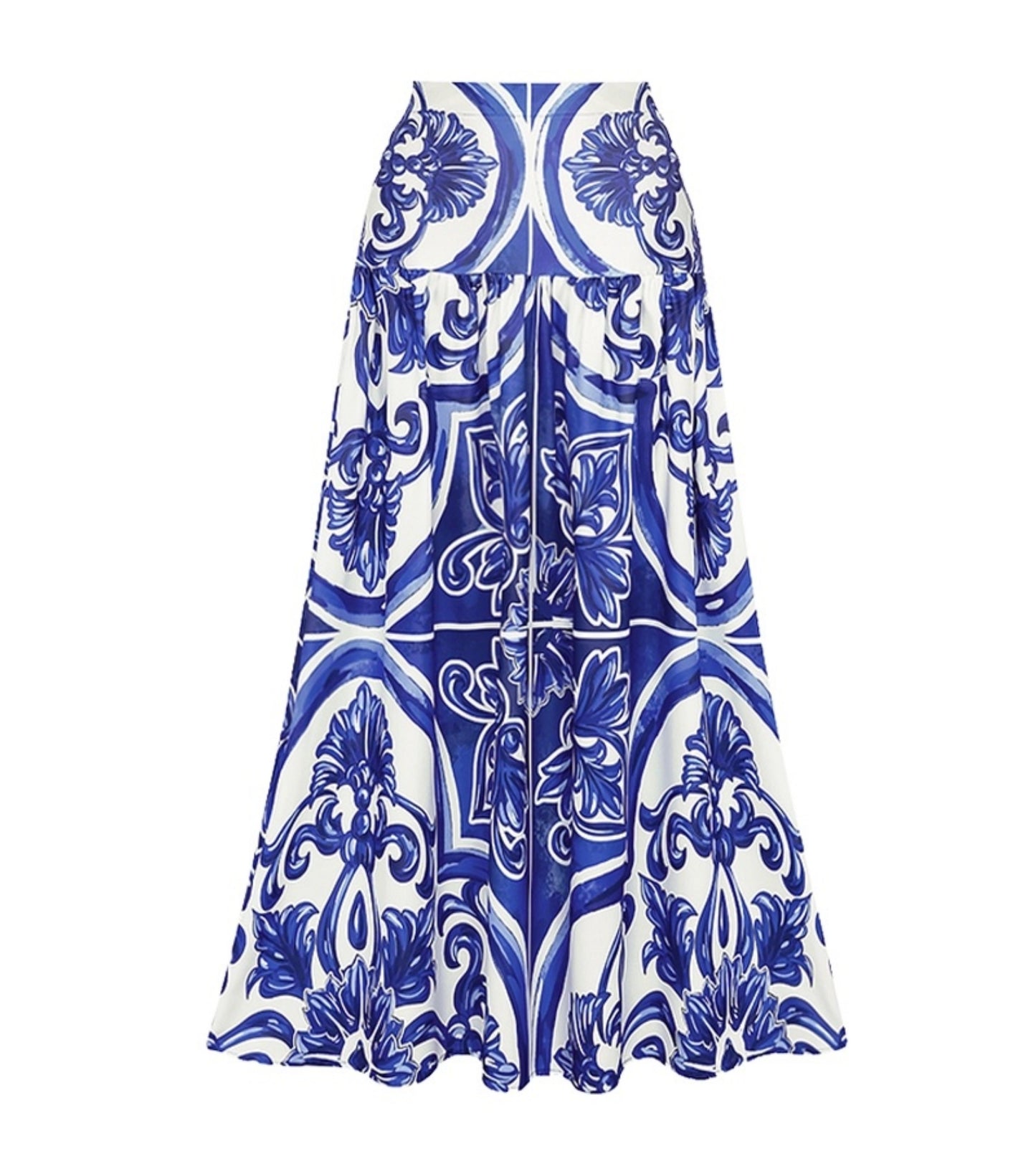Blue Majolica Print One-Piece Swimsuit & Skirt Set – Adjustable Straps, Classic Vintage Beach Style