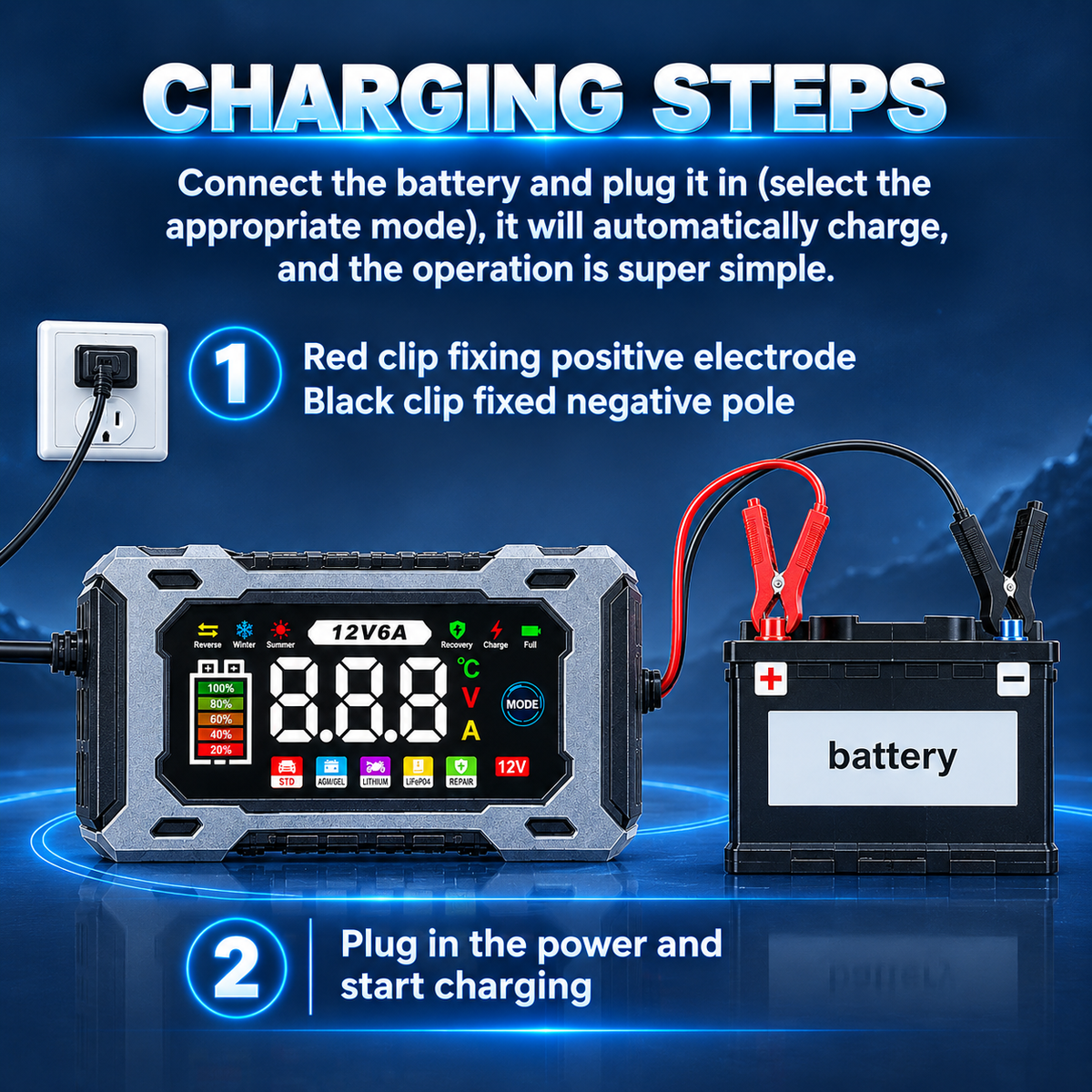 12V 6A Smart Battery Charger Maintainer|Fully Automatic Trickle Charger