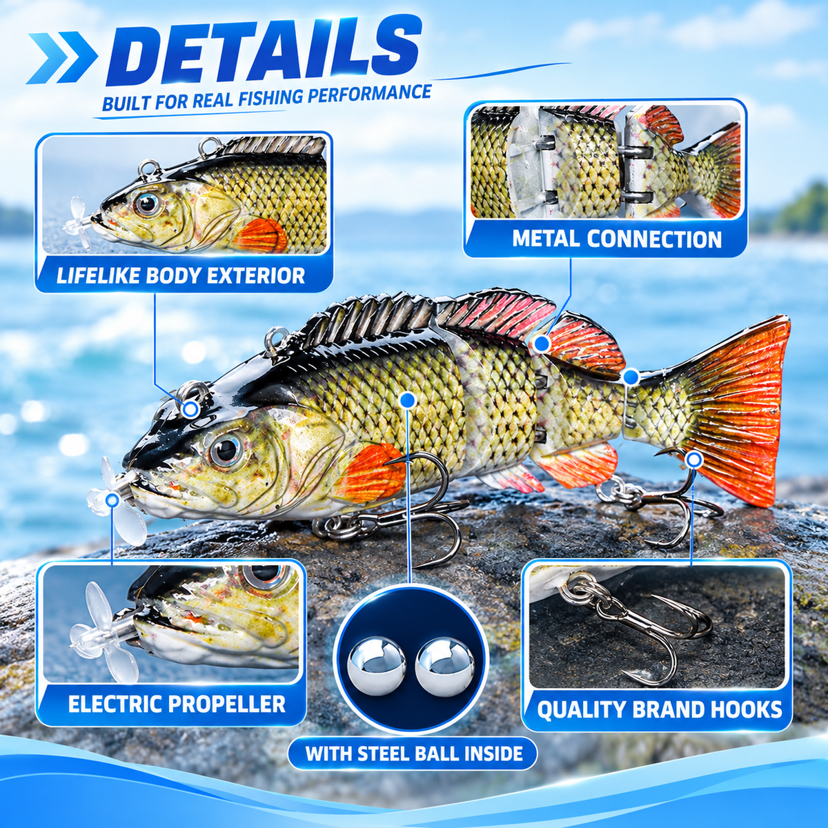 Robotic Artificial Fishing Lure|5.1in Multi-Segment 4-Jointed USB Rechargeable Electric Swimbait