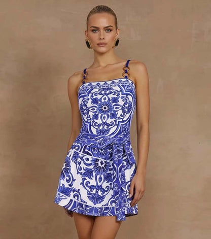 Blue Majolica Print One-Piece Swimsuit & Skirt Set – Adjustable Straps, Classic Vintage Beach Style