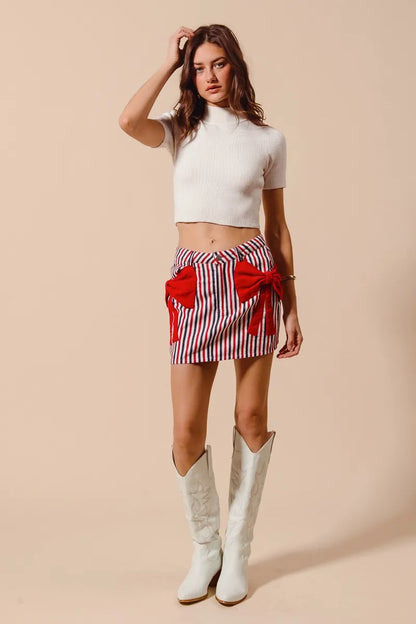 Contrast Bow Knot Pocket Denim Skirt