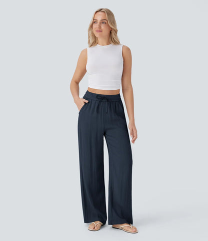 High Waisted Wide Leg Linen-Feel Drawstring Pants with Pockets
