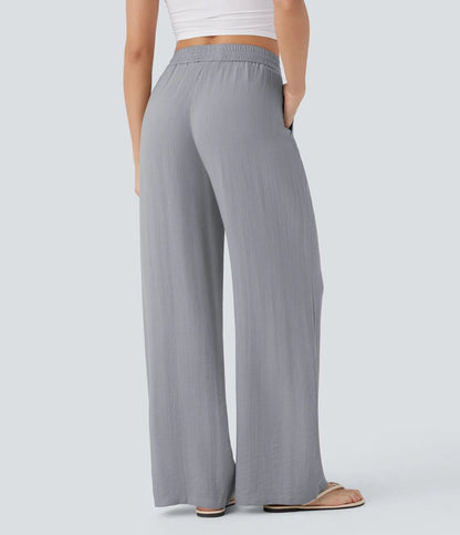 High Waisted Wide Leg Linen-Feel Drawstring Pants with Pockets