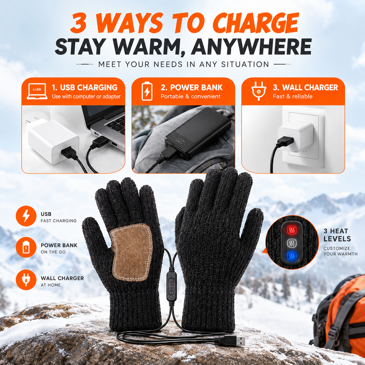 USB Heated Gloves – 3 Heat Levels, Portable Warmth for Skiing, Fishing & Hiking