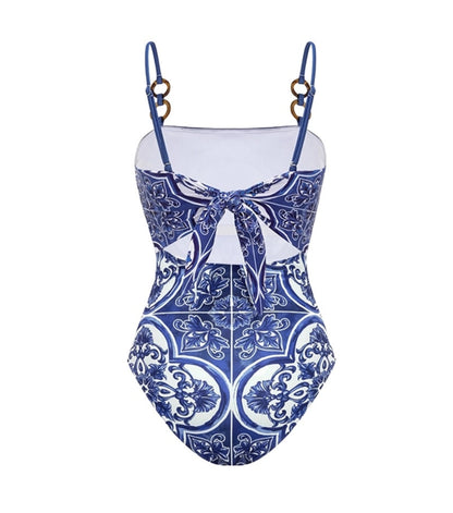 Blue Majolica Print One-Piece Swimsuit & Skirt Set – Adjustable Straps, Classic Vintage Beach Style