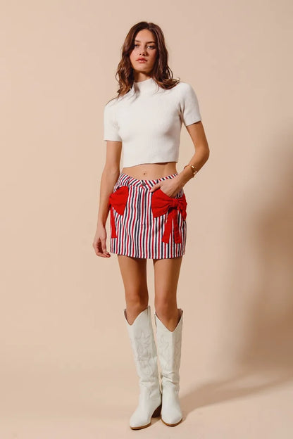 Contrast Bow Knot Pocket Denim Skirt