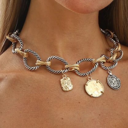 Vintage Dual-Tone Rope Chain Necklace – Retro Coin Statement Jewelry