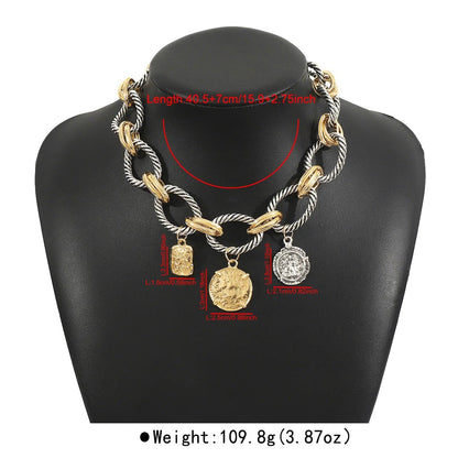 Vintage Dual-Tone Rope Chain Necklace – Retro Coin Statement Jewelry