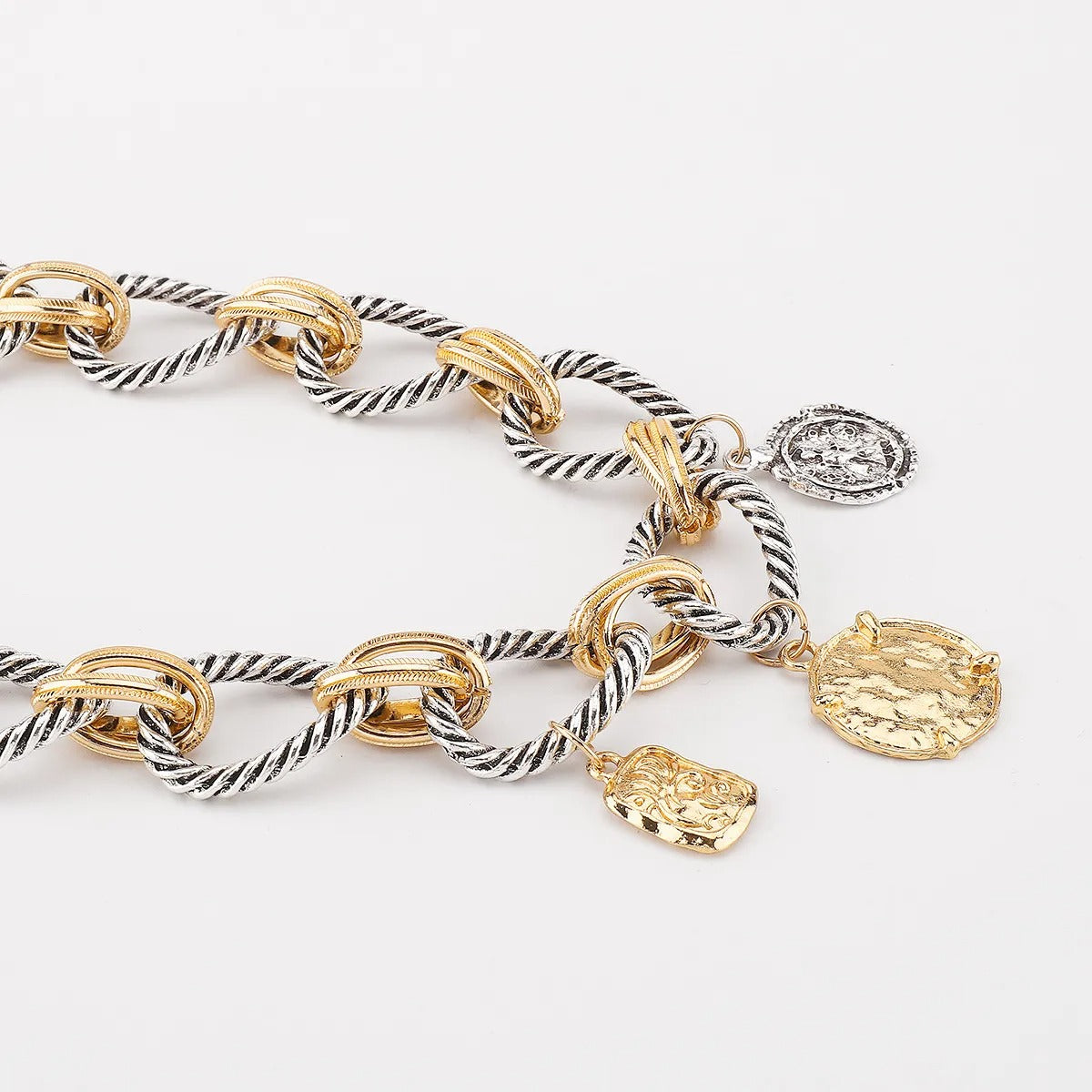 Vintage Dual-Tone Rope Chain Necklace – Retro Coin Statement Jewelry