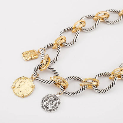 Vintage Dual-Tone Rope Chain Necklace – Retro Coin Statement Jewelry