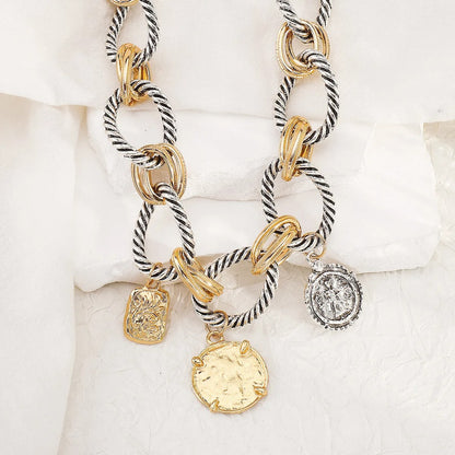 Vintage Dual-Tone Rope Chain Necklace – Retro Coin Statement Jewelry