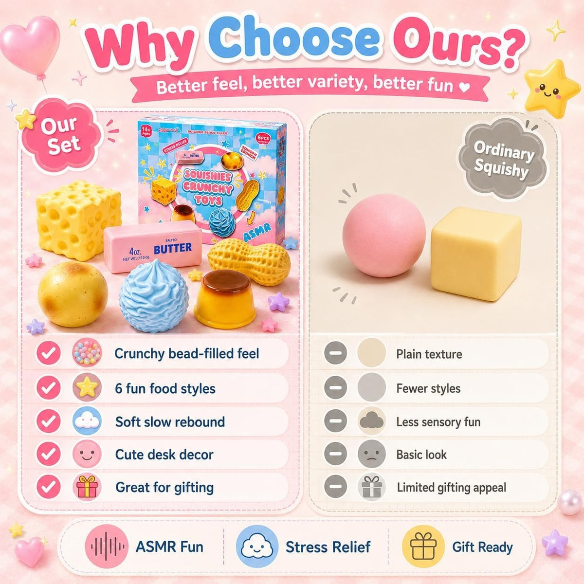6 Pack Crunchy Squishy Toys – Slow-Rebound ASMR Stress Relief Set
