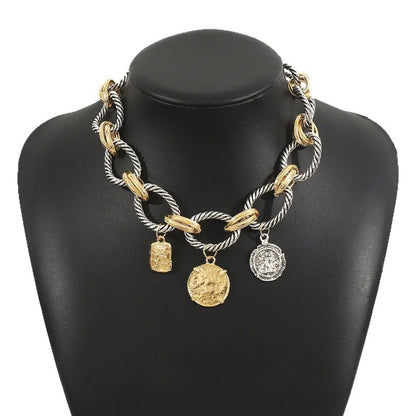 Vintage Dual-Tone Rope Chain Necklace – Retro Coin Statement Jewelry
