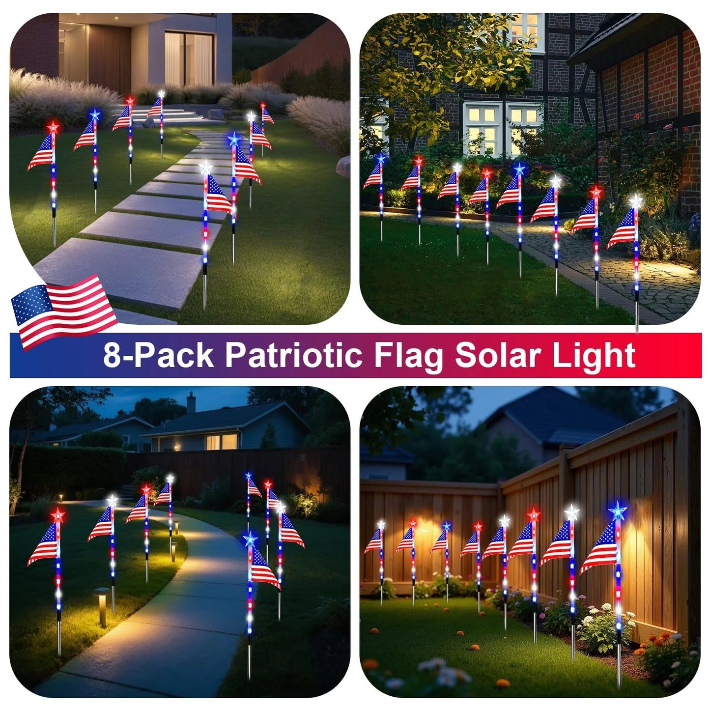 8-Piece Solar Flag Light Set – 8 Lighting Modes Patriotic Garden & Pathway Decor