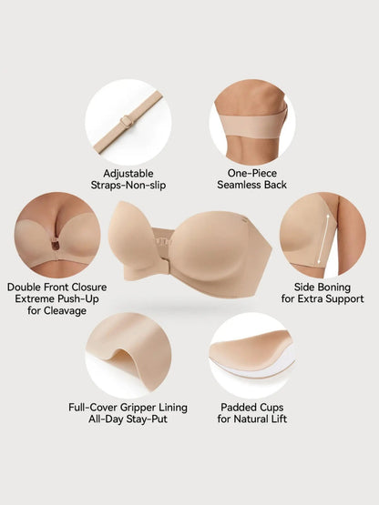 Strapless Front-Closure Push-Up Bra – Anti-Slip Grip, Seamless, A-C Cup