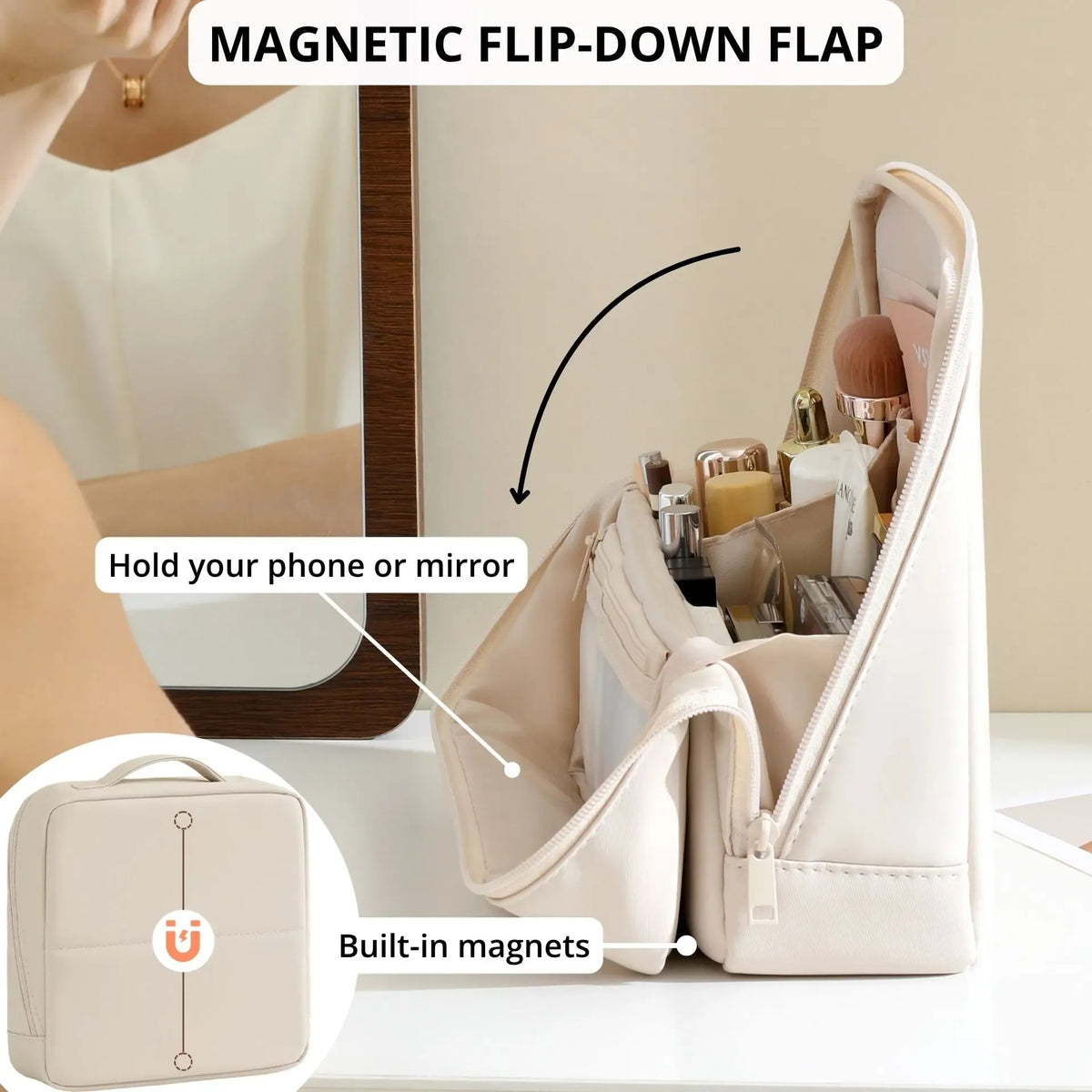Waterproof Leather Makeup Bag – Clean Girl Travel Vanity Organizer with Luggage Strap