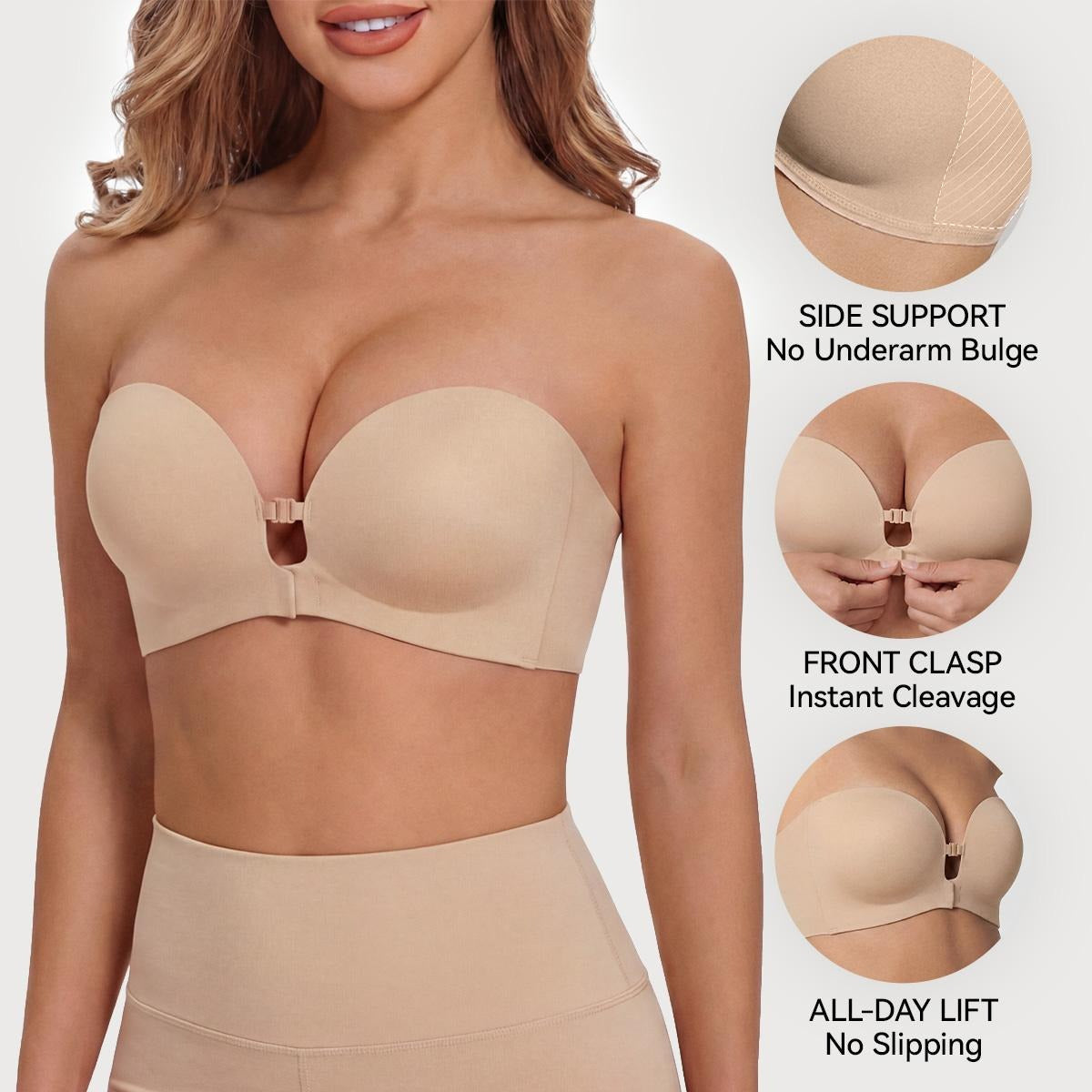 Strapless Front-Closure Push-Up Bra – Anti-Slip Grip, Seamless, A-C Cup