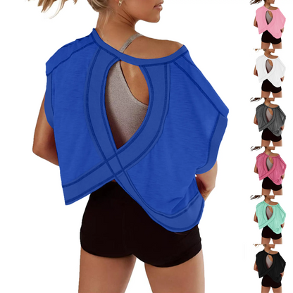 Women's Open Back Crop Top - Oversized Stretch Tee for Yoga & Street