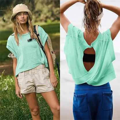 Women's Open Back Crop Top - Oversized Stretch Tee for Yoga & Street